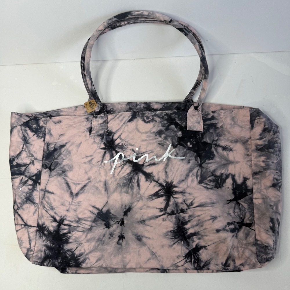 Victoria's Secret PINK Tie Dye Pink & Black Logo Large Tote Bag Zippered NWT